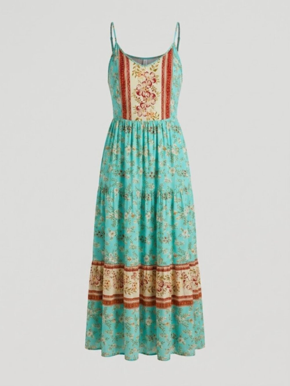 Aqua Blue Boho Floral Tiered Maxi Dress Smocked Back Boutique Sz Small